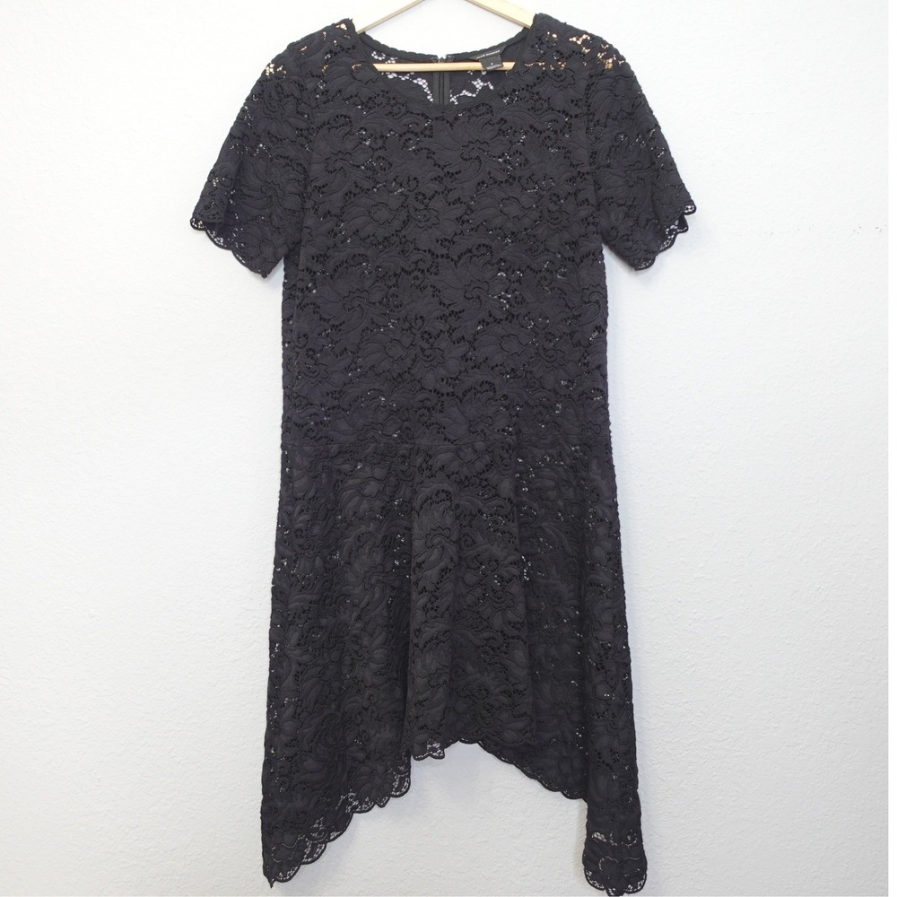 Y2K Club Monaco Lace Dress Womens 4 Black Sheer Sharkbite Hem Floral Whimsigoth‎